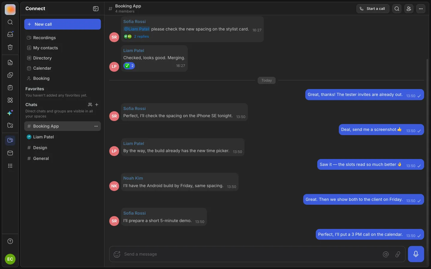 The Booking App group chat: messages with reactions, a mention and thread replies