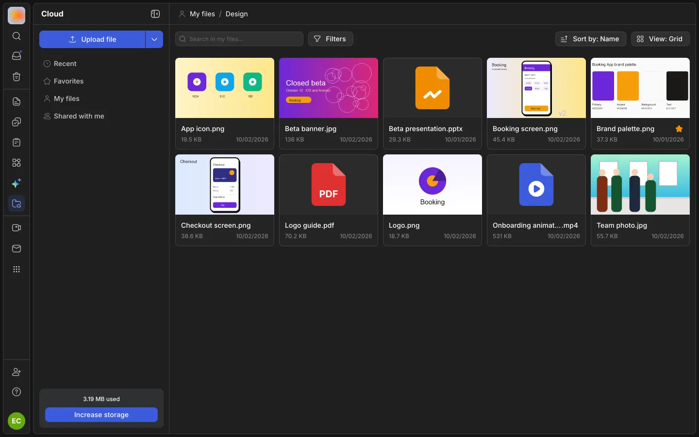 Cloud: the Design folder as a grid with file thumbnails